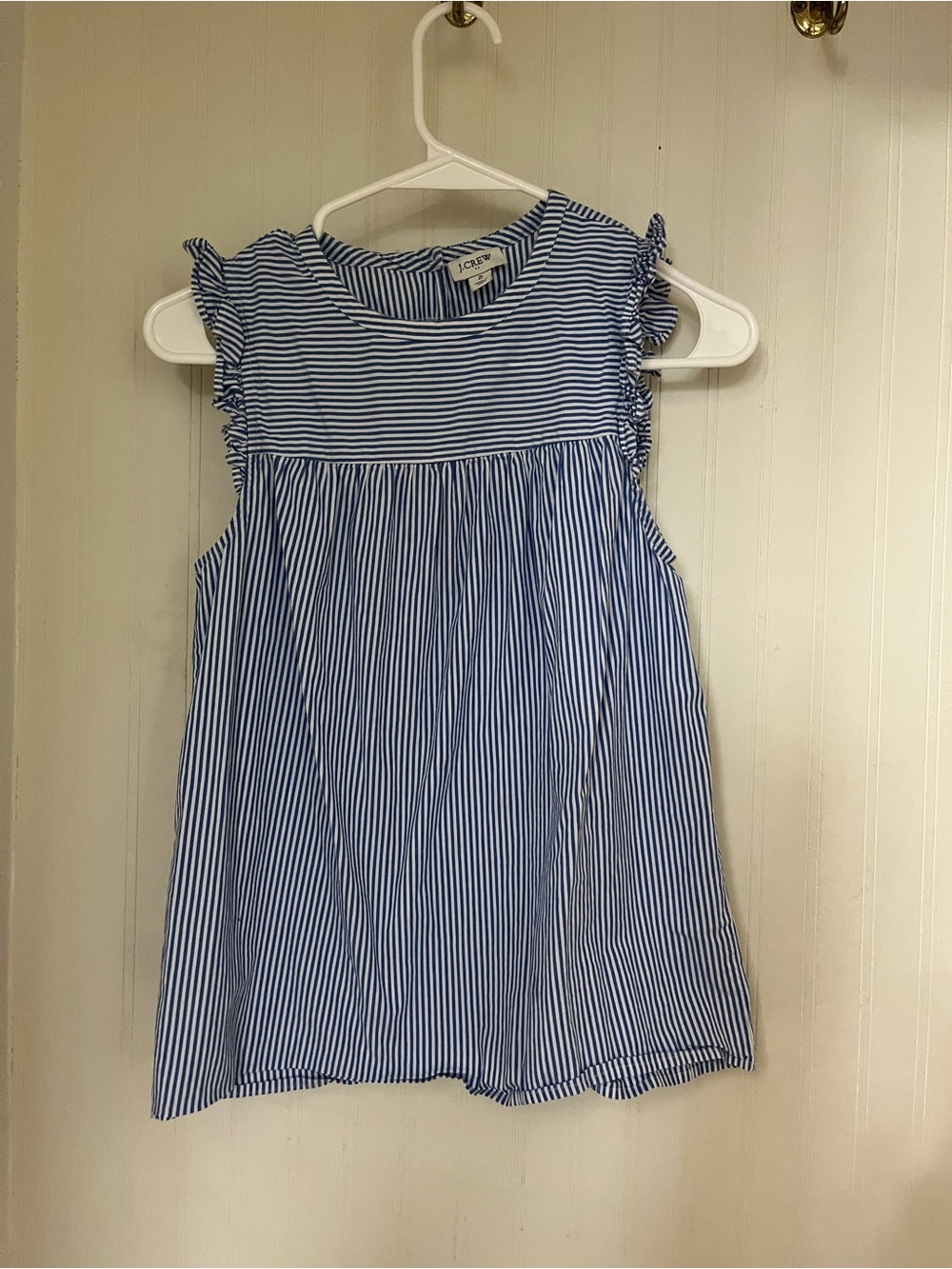 J. Crew Blue and White Striped Ruffle-Sleeve Sundress